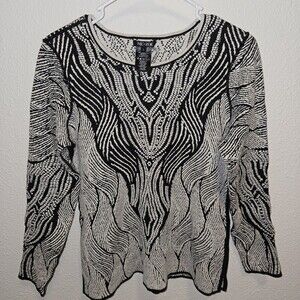 NIC+ZOE Black Cream Abstract Knit Sweater Womens Large L Textured Scoop Neck
